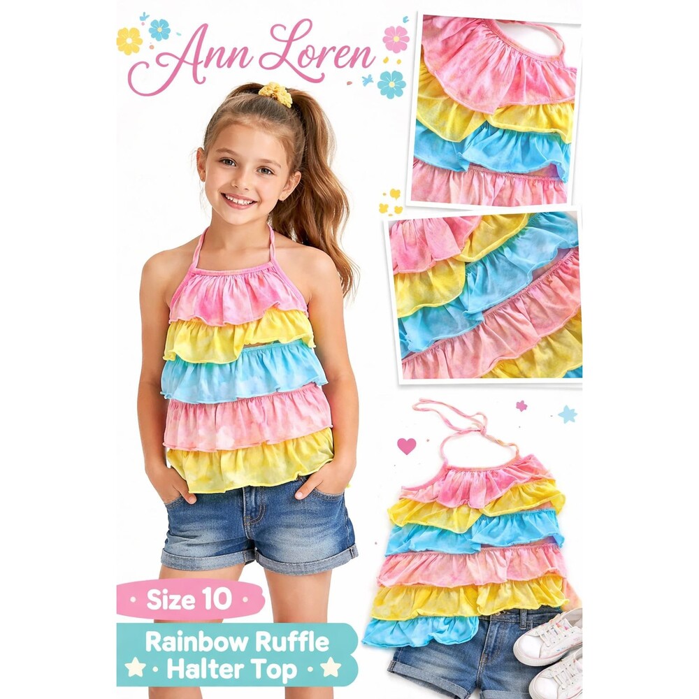 Ann Loren 10 Girl's top cute shirt, kid party rainbow tie-dye ruffle halter